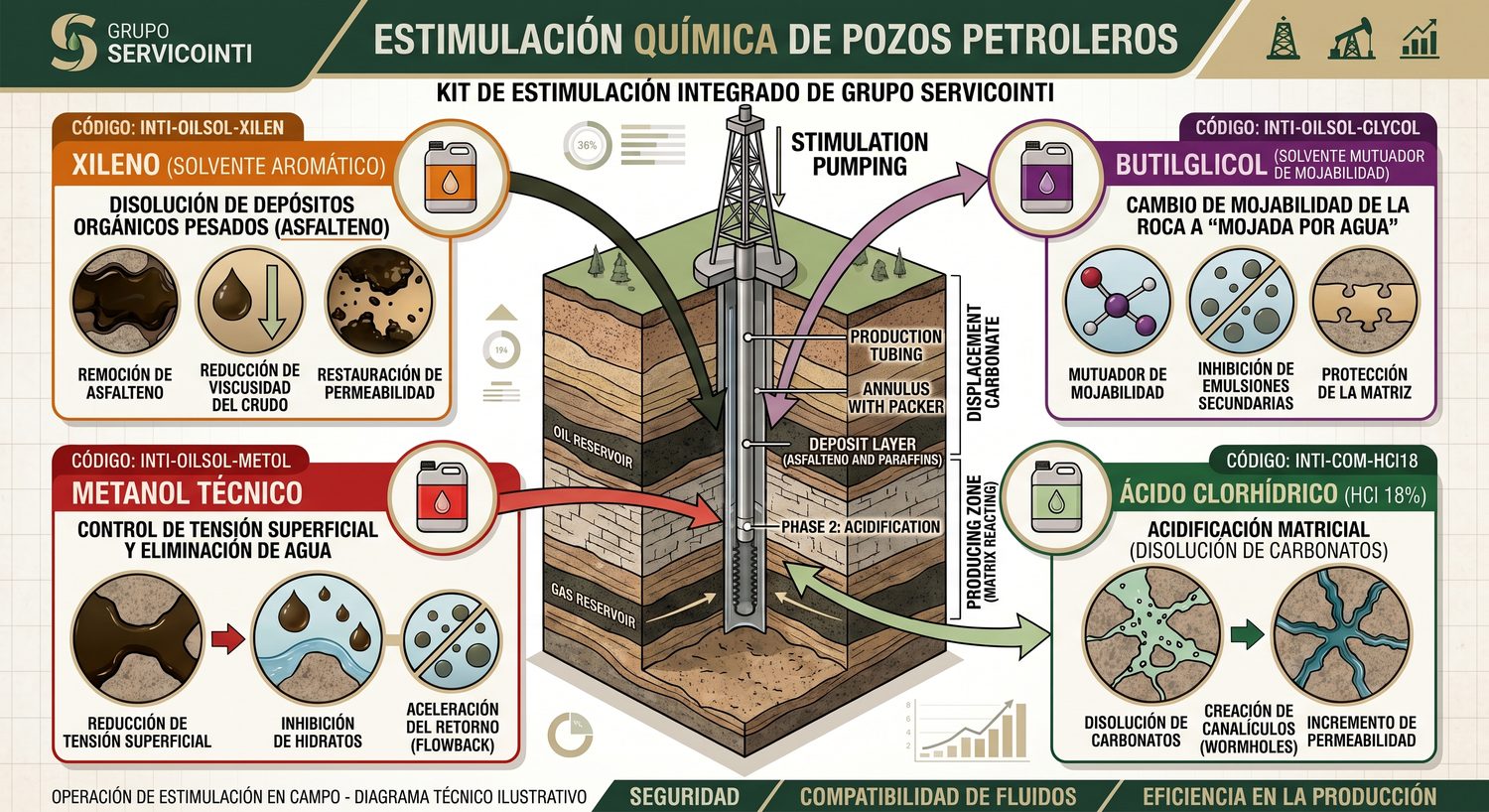 Kit de estimulación integrado de Grupo Servicointi: diagrama técnico de la estimulación química de pozos con Xileno, Butilglicol, Ácido clorhídrico 18% y Metanol técnico.